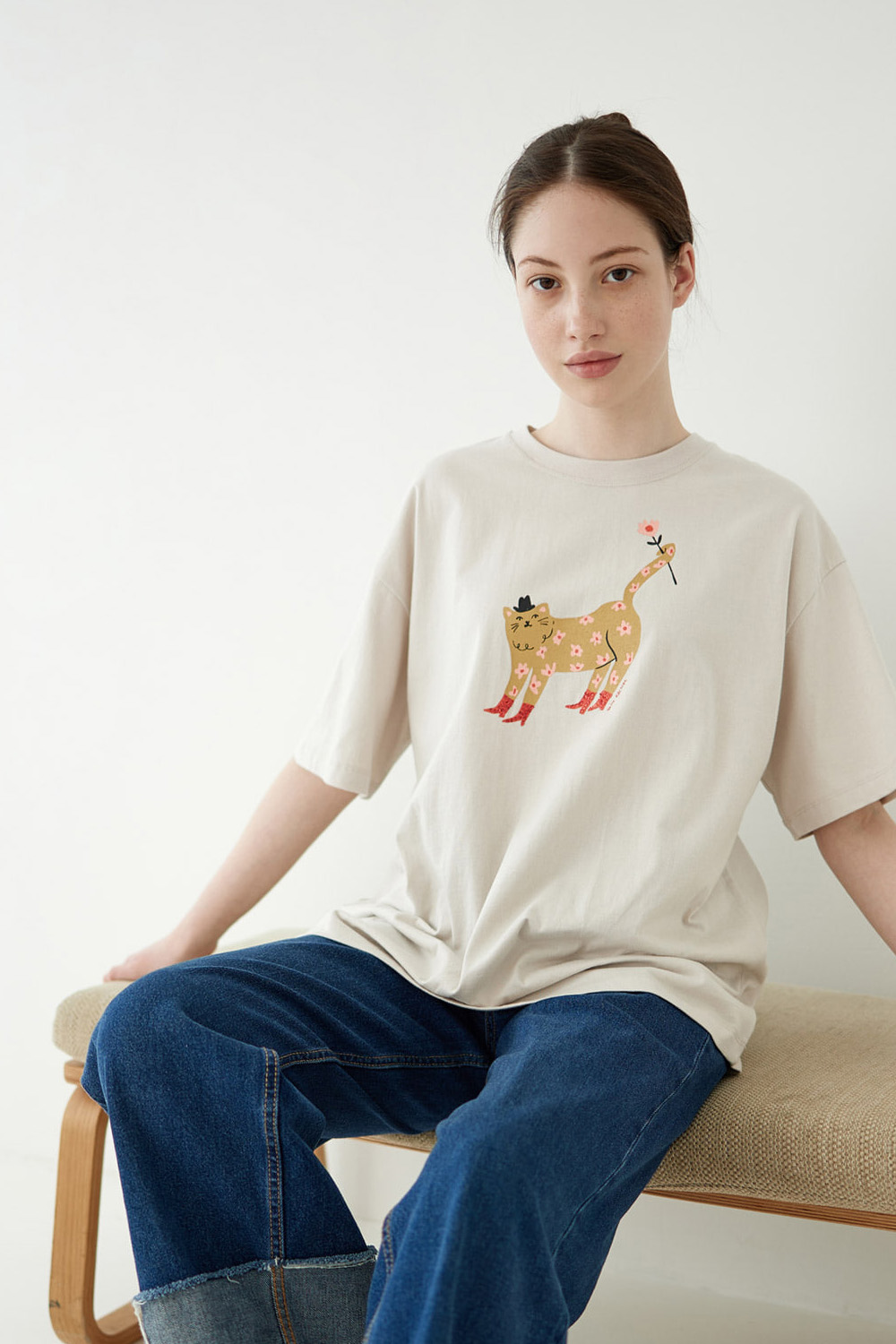 플라워캣 여성 오버핏 반팔 티셔츠