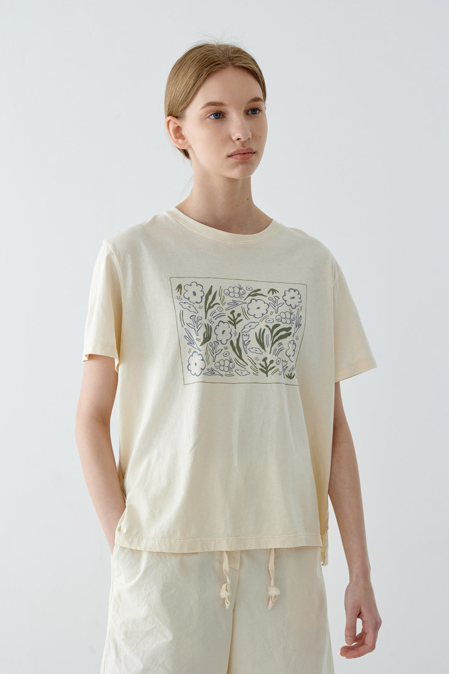 플라워 프린팅 여름 기본 면 여성 반팔 티셔츠