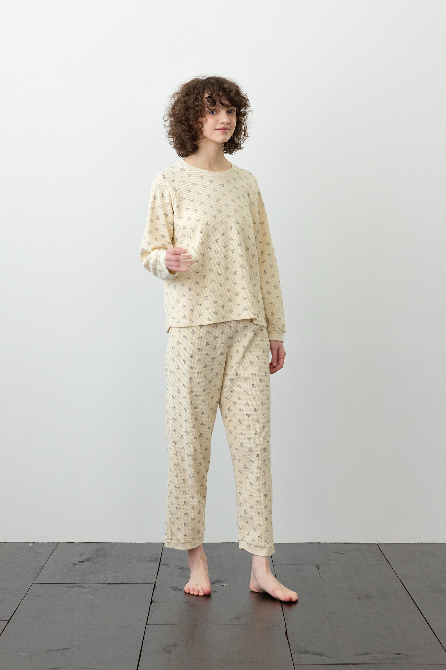 나비드 플라워 순면 와플 홈웨어 여성 잠옷 세트 파자마 베이지 플라워